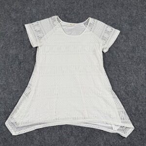 Indigo Soul Top Large White Lace‎ Overlay Tunic Top S/S Asymmetrical Hem Women